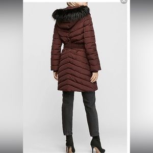 express belted puffer jacket with removable faux fur hood